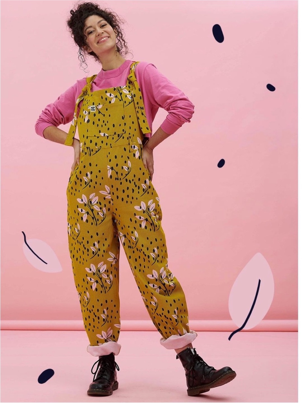 Lucy & Yak Easton Dungarees Jumpsuit Kafi Print Mustard Yellow Size UK12L US8L